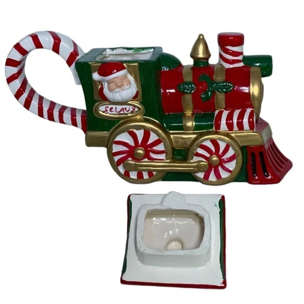 Vintage Santa Train Teapot With Nesting Creamer Sugar Bowl 3 Pieces Ceramic 1994
